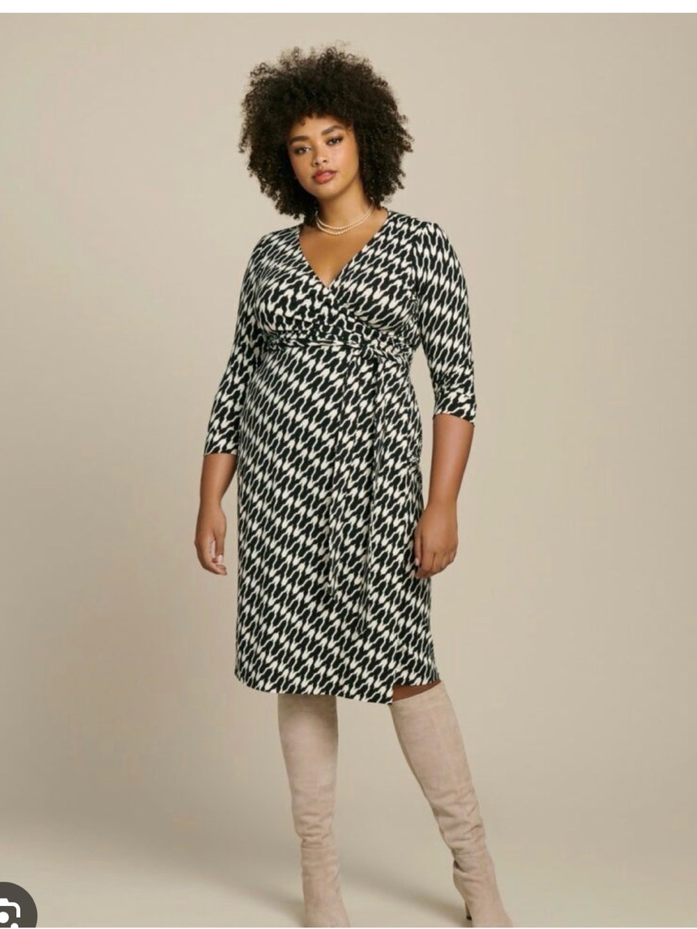 DVF Black and White Printed V-Neck Julian Wrap Dress Houndstooth 18 NWT